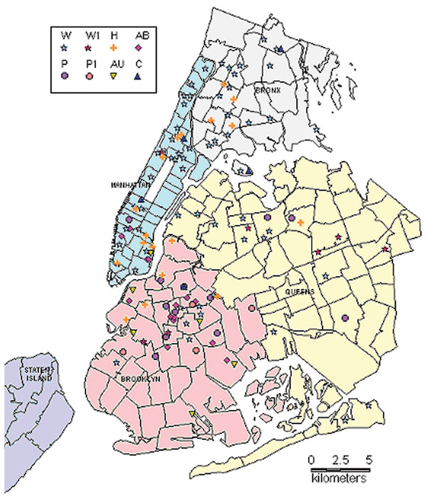 Geographic distribution of patients in major multidrug-resistant tuberculosis clusters, New York City, 1995-1997.