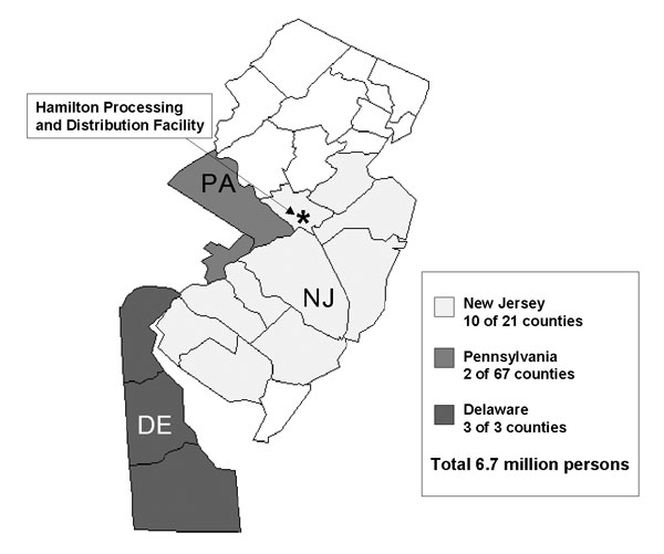 Counties participating in active surveillance, New Jersey, Pennsylvania, and Delaware, 2001.