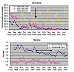 Thumbnail of Prevalence of Salmonella and Campylobacter in Danish broiler flocks, chicken meat, swine herds, and pork products, 1995-2001.The arrow indicates February 15, 1998 the date of the voluntary stop of AGP use in broilers. The bar indicates the time period during which antimicrobial growth promoters were withdrawn from use in swine herds.