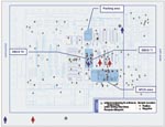 Thumbnail of Floor map of the Trenton Postal Distribution Center in Hamilton Township with locations of environmental samples taken October–November, 2001, and work stations of New Jersey case-patients on dates when letters containing Bacillus anthracis were sorted. Blue man = male, cutaneous anthrax; red woman = female, inhalational anthrax. *Machine mechanic worked throughout the mail-sorting area the night the letters containing B. anthracis destined for New York were sorted.