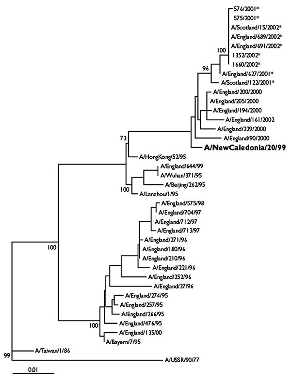 Phylogenetic tree of influenza A H1N1 and H1N2 virus HA1 nucleotide sequences. The tree was generated by using joining-joining analysis. The lengths of the horizontal lines are proportional to the number of nucleotide substitutions per site. Trees were bootstrapped x100. H1N2 viruses are indicated with an asterisk. The current H1N1 vaccine strain is in bold typeface.
