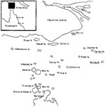 Thumbnail of Map of Torres Strait islands showing areas of scrub typhus transmission, Darnley and Murray Islands, Torres Strait, 2000–2001.