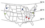 Thumbnail of Map of the continental United States showing the approximate locations of the seven surveillance sites, grouped for some analyses as southern sites (illustrated in red), middle sites (green), and northern sites (blue).