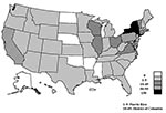Thumbnail of Reported outbreaks of Salmonella Enteritidis outbreaks, by state, 1985–1999 (N = 841). Includes two multistate outbreaks.