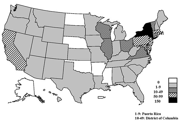 Reported outbreaks of Salmonella Enteritidis outbreaks, by state, 1985–1999 (N = 841). Includes two multistate outbreaks.