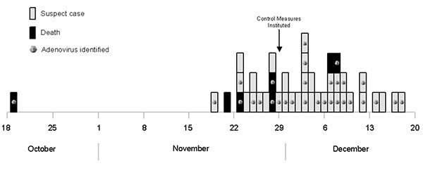 Epidemic curve showing onset date of illness for confirmed and suspected cases of adenovirus infection, New York City, 1999.