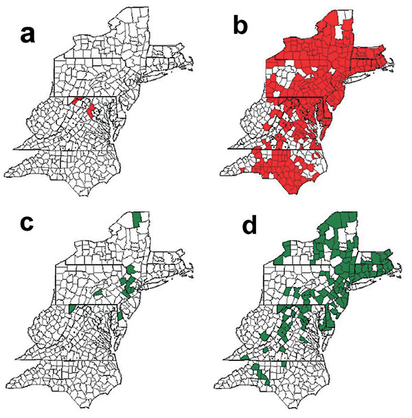 Counties with at least one rabies epizootic among raccoons, 1981(a) through 2000 (b); and among skunks, 1990 (c) through 2000 (d), in the mid-Atlantic states, 1981–2000.