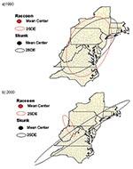 Thumbnail of The mean centers and standard deviational ellipses (SDE) of counties reporting rabies in skunks and raccoons in the mid-Atlantic States. a) 1990, b) 2000.