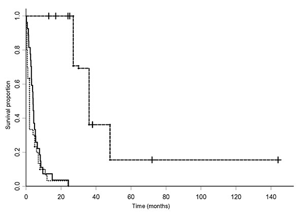 Results of the survival analysis (confidence intervals not shown), showing the proportion of patients surviving over the period from first onset of symptoms for the different groups of patients. The dashed line is the West African dataset from Yorke (28) (vertical bars represent censored observations). The solid line is the 1901–1910 Mengo dataset and the dotted line the Tororo 1988–1990 dataset from Odiit et al. (22).