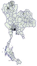 Thumbnail of Dot density map of young men who tested positive for HIV at time of entry into the Royal Thai Army, Thailand, November 1991–May 2000. Each dot represents one man. Location of dots based on recruit’s residence during the previous 2 years. Data on recruits entering in November 1993 and May 1994 are not available.