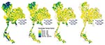 Thumbnail of Choropleth maps of HIV prevalence in four classes of young men at time of entry into the Royal Thai Army, Thailand, 1991–2000. Location determined by residence during the previous 2 years. Prevalence is stratified by color and localized to district or group of districts so that calculations are based on &gt;20 men.