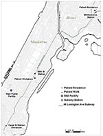 Thumbnail of Key Manhattan and Bronx locations during investigation of inhalational anthrax, New York City, 2001.