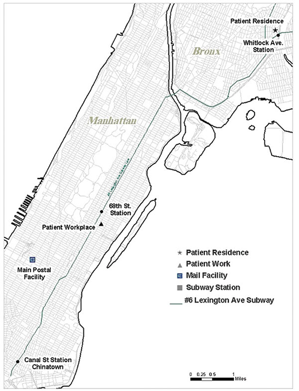 Key Manhattan and Bronx locations during investigation of inhalational anthrax, New York City, 2001.