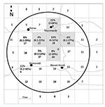 Thumbnail of Spatial distribution of chronic wasting disease in White-tailed Deer sampled in Wisconsin (February–April 2002). Locations for sampled deer were recorded by using the Wisconsin Public Land Survey System (township-range-section); analysis was conducted on pooled 4X4 sections (41 km2), as indicated by the dashed grid lines. Prevalence, 95% confidence limits (CI), and sample size for each quadrant are indicated, as well as sample size only for quadrants in which positive deer were not