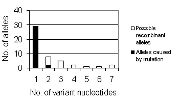 Bar graph of the number of novel alleles (y-axis) with a specific number of nucleotide differences from the ancestral allele. Two alleles with 24-bp and 113-bp differences are excluded from the graph.