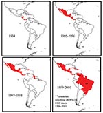 Thumbnail of Map of the spread of dengue virus 3 (DENV-3), subtype III through Latin America and the Caribbean. The introduction of DENV-3, subtype III was first reported in November 1994 in Nicaragua and Panama. This virus strain has been isolated, identified, and reported in at least 16 other countries in the region. *Represents countries with dengue hemorrhagic fever (DHF) caused by DENV-3. These countries are Nicaragua in 1994 and 1998, Brazil and Venezuela in 2001 (Pan American Health Organ