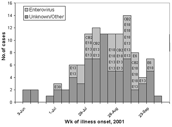 Aseptic meningitis cases* by week of illness onset, June 1–September 30, 2001, identified at six hospitals, Baltimore, Maryland. *N=112 (illness onset date missing for one patient); Coxsackievirus B2 = “CB2”; Echovirus 6 = “E6”, Echovirus 13 = “E13”; Echovirus 18 = “E18”; Echovirus 30 = “E30”