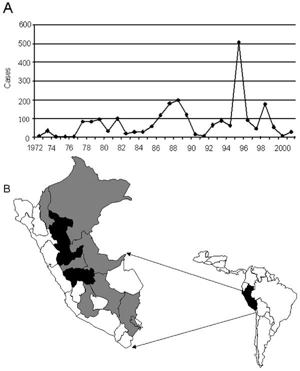A) Peruvian river basins in which yellow fever virus is endemic. B) Annual incidence of confirmed cases of yellow fever in Peru, 1972–2001.