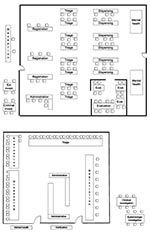 Thumbnail of Two (A, B) point of distribution site floor plans. Epi, epidemiologic; invest, investigation; admin, administration; eval, evaluation; Disp., Dispensing; Reg, registration. B, floor plan of POD proper. The verification, epidemiology investigation, and criminal investigation sections are located before the POD proper. The mental health and briefing sections are also located outside the POD proper.