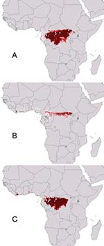 Thumbnail of Geographic projection of ecologic niche models in which two Ebola virus species were modeled and used to predict the distributional area of the third. (A) Ebola Zaire and Ebola Sudan predicting (Ebola Ivory Coast omitted; note that distributional area is predicted in Ivory Coast). (B) Ebola Sudan and Ebola Ivory Coast predicting (Ebola Zaire omitted). (C) Ebola Zaire and Ebola Ivory Coast predicting (Ebola Sudan omitted). Darker shades of red represent increasing confidence in predi
