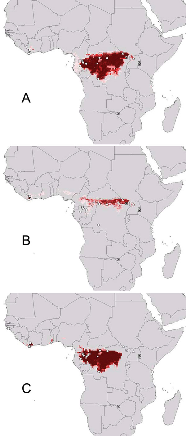 Geographic projection of ecologic niche models in which two Ebola virus species were modeled and used to predict the distributional area of the third. (A) Ebola Zaire and Ebola Sudan predicting (Ebola Ivory Coast omitted; note that distributional area is predicted in Ivory Coast). (B) Ebola Sudan and Ebola Ivory Coast predicting (Ebola Zaire omitted). (C) Ebola Zaire and Ebola Ivory Coast predicting (Ebola Sudan omitted). Darker shades of red represent increasing confidence in prediction of pote