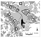 Thumbnail of Study area of the controlled anthelmintic baiting experiment in the conurbation of the city of Zürich. 50 Praziquantel-containing baits per km2 were delivered monthly in six 1-km2 bait areas and one 6-km2 bait area, that alternated along the urban fringe with six control areas. Black line, Zürich border.