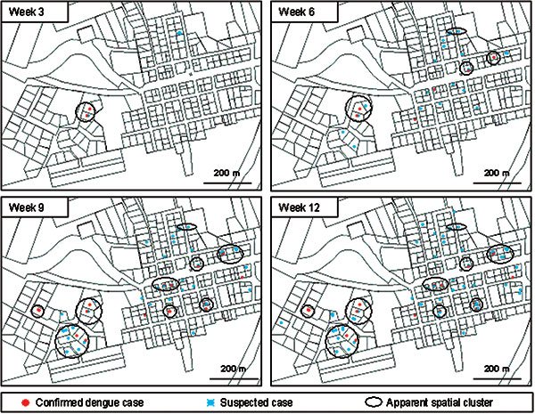 Maps showing locations of dengue patients in Iracoubo center (weeks 3, 6, 9, 12), showing locations of confirmed (red) and suspected (blue) dengue fever patients. Black circles correspond to spatial clusters, that is, neighborhoods where more than two confirmed cases or three suspected cases occurred.