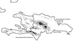 Thumbnail of Hispaniola in the West Indies, on which are located Haiti (western third of the island) and the Dominican Republic. West Nile virus transmission occurred at Parque Nacional Los Haitises before November 2002. Shades of gray are 500-m intervals (e.g., 0–500, 500–1000).