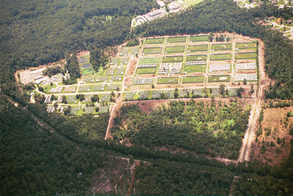 Aerial view of the nonhuman primate outdoor holding compounds at the Tulane National Primate Research Center. Approximately 4,000 animals are housed here in social groups for breeding.