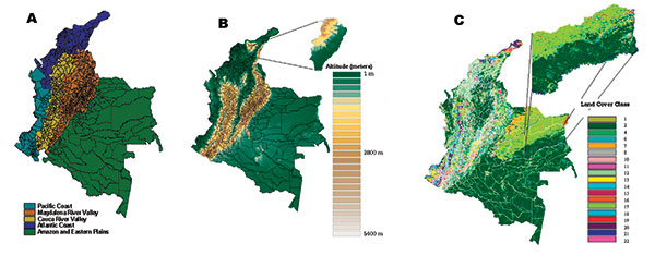 Distribution of a) ecoepidemologic zones, b) elevation, and c) vegetation types in Colombia.
