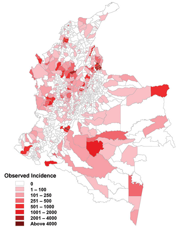 Geographic distribution of American cutaneous leishmaniasis incidence by municipality, 1994