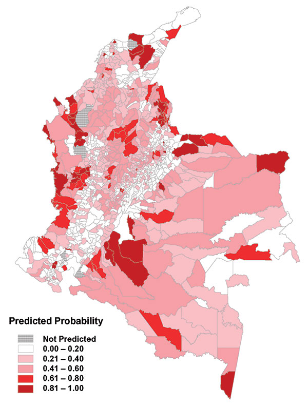 Predicted risk map for probability of transmission, based on the combination of the regional models.