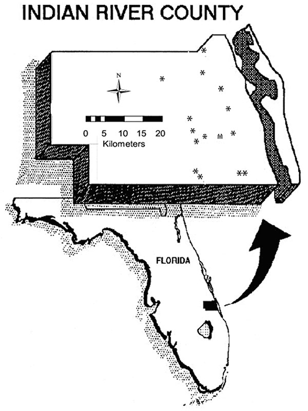 Map of Indian River County. Asterisks indicate the locations of sentinel chicken flocks. “M” is the site of the Vero Beach 4W meteorologic station.