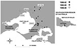 Thumbnail of Cases of Mycobacterium ulcerans occurring in areas of Victoria (southeastern Australia), where disease is nonendemic, January 1990–August 1998.