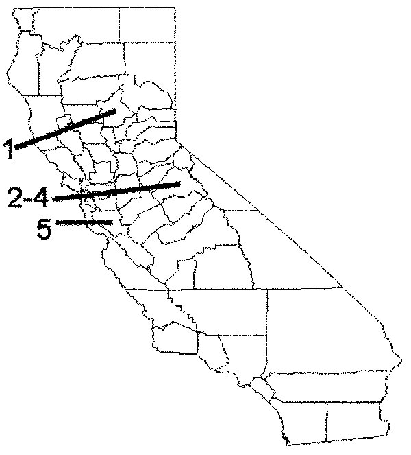 California state map showing case report exposures by county: Case 1, Butte County; cases 2–4, Tuolomne County; case 5, Santa Clara County.