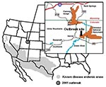 Thumbnail of Known geographic distribution of Coccidioides immitis in the United States and location of the 2001 coccidioidomycosis outbreak in Utah. Source: U.S. Geological Survey, Operational Guidelines for Geological Fieldwork in Areas Endemic for Coccidioidomycosis (Valley fever), 2000.