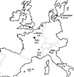 Thumbnail of Frequencies of Pneumocystis jiroveci dihydropteroate synthase mutants in patients with Pneumocystis pneumonia and who had no prior sulfonamide exposure, from diverse European cities. Amiens, France (the present study), Paris (13), Lyon (12), Copenhagen (4), Milan, Italy (2), Rome (11), and London (35).