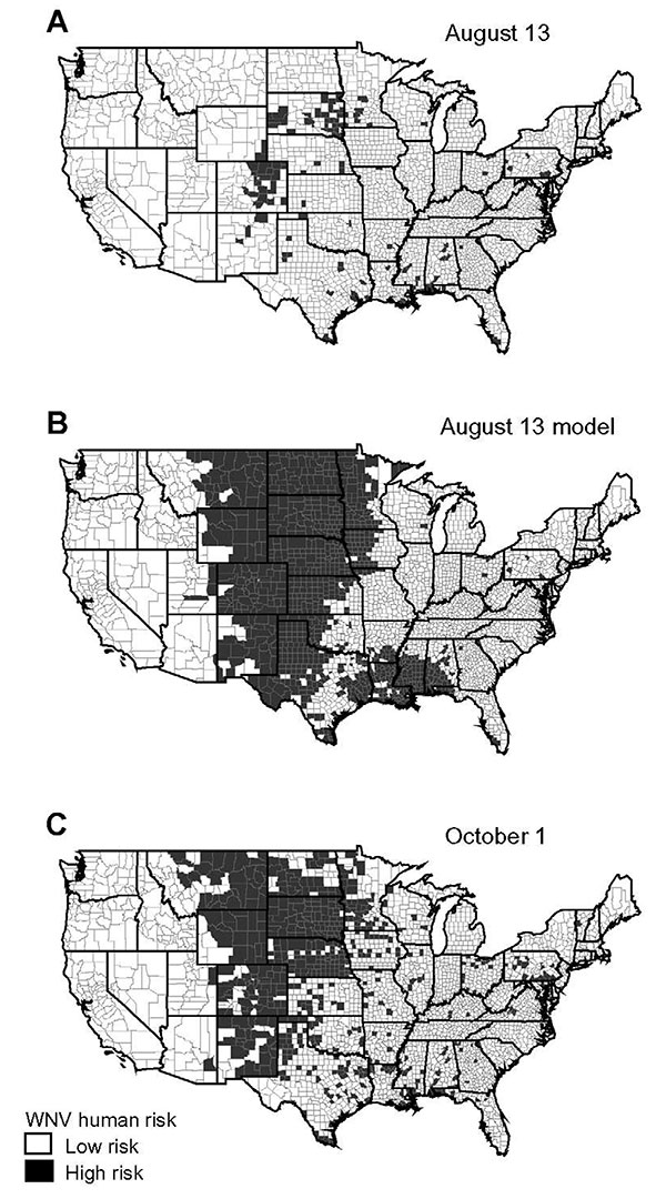 (A) Human incidence map for West Nile virus (WNV) early in the transmission season, 2003, based on raw data. Incidence rates were calculated by using the number of new human cases of WNV per county through August 13, 2003, reported to the ArboNet surveillance network. High risk is defined as incidence &gt;1 case per 1 million inhabitants. (B) Model-estimated human incidence map for WNV in 2003. Expected risk was derived from the observed incidence rates from August 13, 2003. High risk is defined