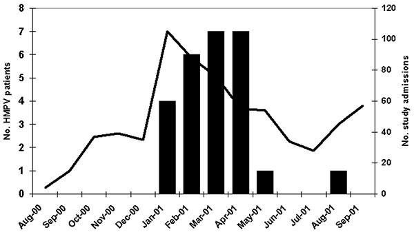 Distribution of HMPV patients and overall study admissions by month of admission, New Vaccine Surveillance Network acute respiratory illness study, Aug 2000–Sept 2001. Black bars represent HMPV-positive patients, while the line represents study admissions.
