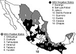 Thumbnail of Map showing the Mexican states sampled for antibodies to West Nile virus and Venezuelan equine encephalitis virus in equines. Unshaded states were not sampled. The location of the West Nile virus isolation from a dead Common Raven is shown by a star.