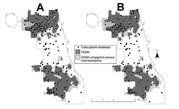 Chicago map with high crow-mortality areas (HCMAs) and reported residences of A) West Nile virus (WNV)-infected case-patients, or B) WNV meningoencephalitis case-patients (WNV fever cases excluded), 2002.