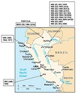 Thumbnail of Map of Peru showing the geographic distribution of the Venezuelan equine encephalitis virus (VEEV) complex isolates included in the study. Numbers in parenthesis indicate the number of isolates compared to the total number of febrile cases during the year. ID, IAB, IIIC, IIID correspond to VEEV subtypes isolated during the indicated year.