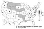 Thumbnail of Number of suspect and probable cases of severe acute respiratory syndrome (SARS) cases reported to Centers for Disease Control and Prevention March 17–July 30, 2003, by state of residence (N = 398). (SARS-CoV, severe acute respiratory syndrome–associated coronavirus)