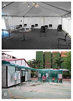 Thumbnail of A, evaluation center for severe acute respiratory syndrome (SARS) in Toronto, demonstrating spatial separation of chairs in waiting area intended to reduce patient-to-patient transmission. B, evaluation center for SARS in Taiwan, demonstrating triage screening of a patient by a healthcare worker wearing personal protective equipment.