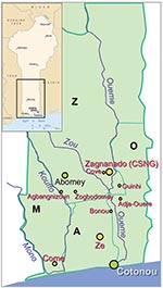 Thumbnail of Map of Benin with the four Buruli ulcer–endemic Regions: the Region of Zou (Z), the Region of Atlantique (A), the Region of Mono (M), and the Region of Oueme (O).