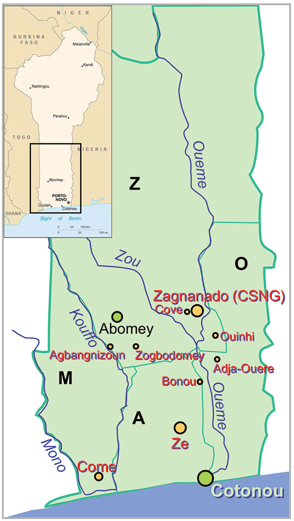 Map of Benin with the four Buruli ulcer–endemic Regions: the Region of Zou (Z), the Region of Atlantique (A), the Region of Mono (M), and the Region of Oueme (O).