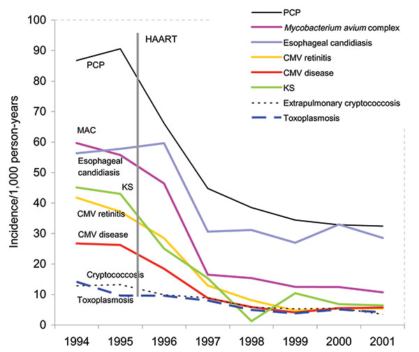 Yearly opportunistic infection rates per 1,000 person-years, CDC Adult and Adolescent Spectrum of Disease Project, 1994–2001 CMV, cytomegalovirus; HAART, highly active antiretroviral therapy; KS, Kaposi sarcoma; MAC, Mycobacterium avium complex; PCP, Pneumocystis pneumonia. Data are standardized to the population of AIDS cases reported nationally in the same year by age, sex, race, HIV exposure mode, country of origin, and CD4+ lymphocyte count.