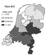 Thumbnail of Distribution of the ratio of serogroup B to other serogroups (Ratio B/O) per province in the Netherlands (1993–2001).