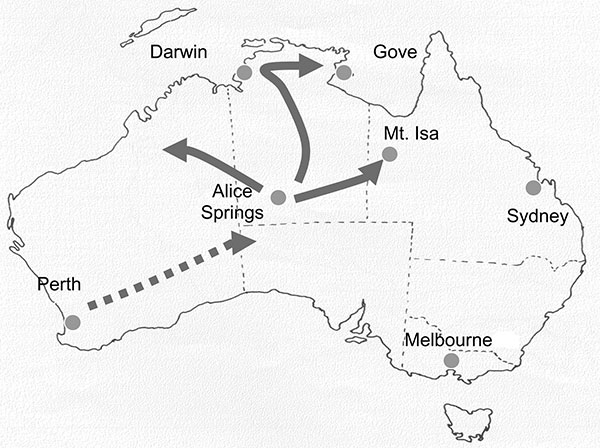 Map of Australia, indicating the locations where outbreaks of acute rotavirus gastroenteritis were identified during 2001. The direction of spread is indicated. Darwin-Alice Springs population is 1,000.