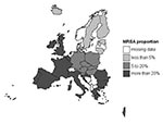 Thumbnail of Geographical variation in proportions of methicillin-resistant Staphylococcus aureus (MRSA) (1999–2002).